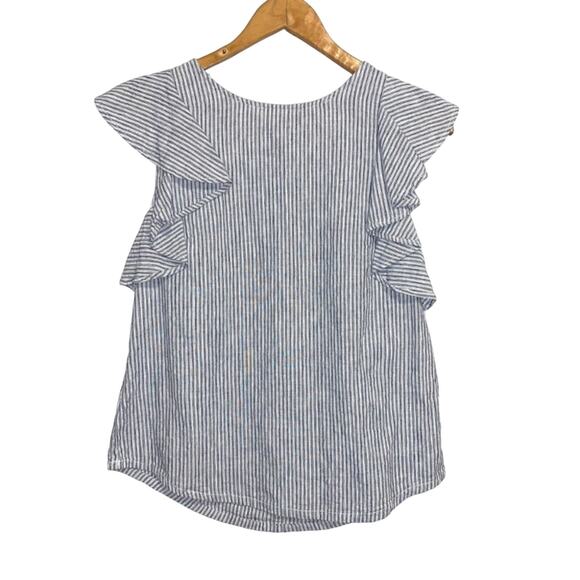 J. Crew Blue Striped Linen Blend Ruffle Sleeve Top - Picture 1 of 7
